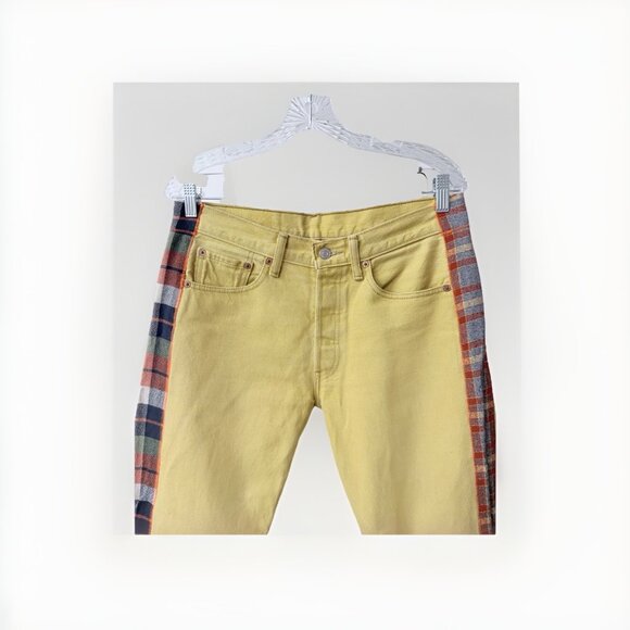 Levi's 501 Vintage 90s Yellow Denim Jeans With Gingham Plaid Side Panels - Picture 6 of 8